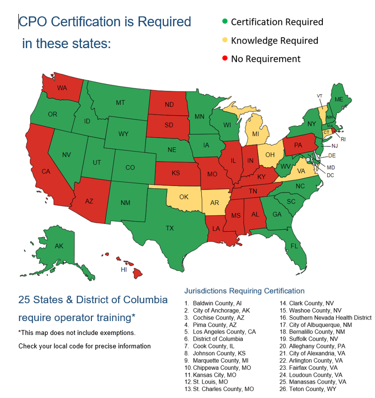 Map showing CPO certification requirements by state - 25 states and DC require operator training